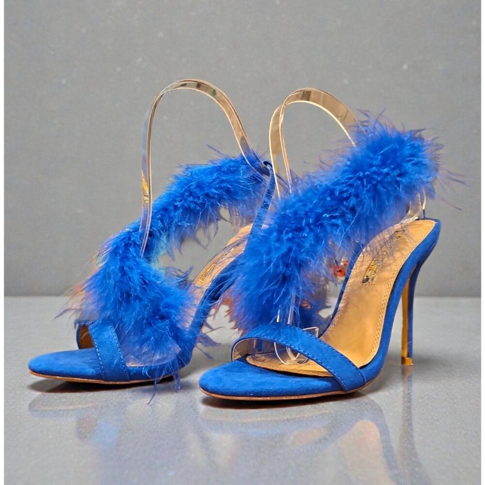 Blue Feather High Heel Slingback Open Toe Sandals - Picture 2 of 8